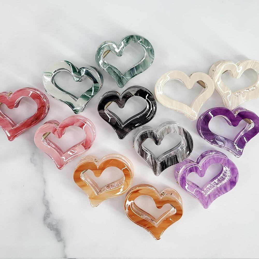 12 Heart Shaped Cutout Claw Clips Hair Accessories Multiple Colors Marble Swirl